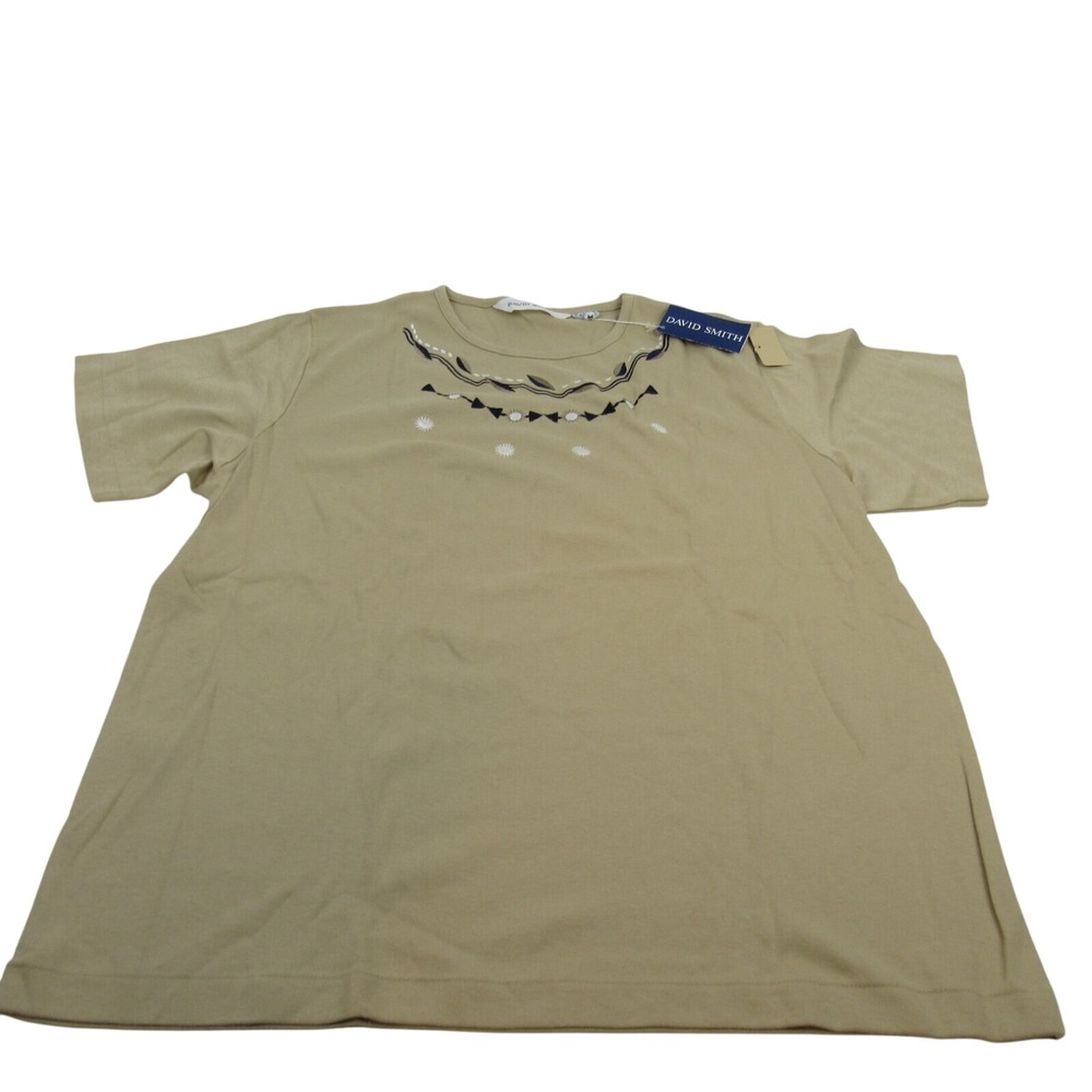David Smith Womens Tan Short Sleeve Embroidered Crew Neck T Shirt Top XL‎